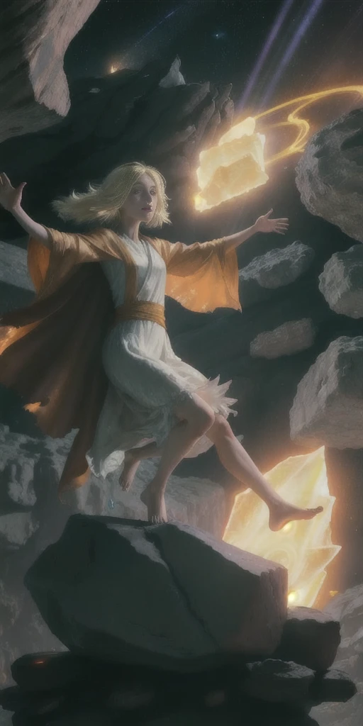 female barefoot summoner levitating with blonde hair robes and cape arms lifted up over a broken earth bright lava light from below asteroid field (jagged rocks boulders and debris shooting into the air:1.3) (windy dust debris storm:1.1) volumetric fog mist ray tracing z pass bright light from below, (masterpiece) (best quality) (detailed) (8k) (cinematic lighting) (sharp focus) (intricate)