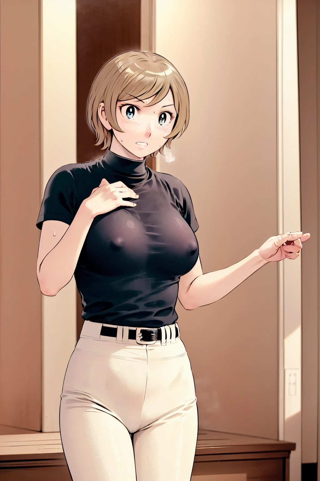 (野球uniform:1.2),
blonde, (short hair:1.2),Long sleeve, Black Shirt, turtleneck,White trousers、uniform、Black belt、((People illustrations))、big 、
View your audience,, (Highest quality:1.3),One Girl, White pants、uniform、Outdoor、baseball ground、ground、soil、blue eyes、Tight black shirt、(masterpiece、Highest quality)、Highest quality, Ultra-high resolution, (((masterpiece))), alone, Sweat、big eyes、big Breasts、Torn clothes、 Fully exposed、Nipples、One Girl, Front view、Embarrassed face、Bronze colored hair、((short hair))、Stand up straight、Cowboy Shot