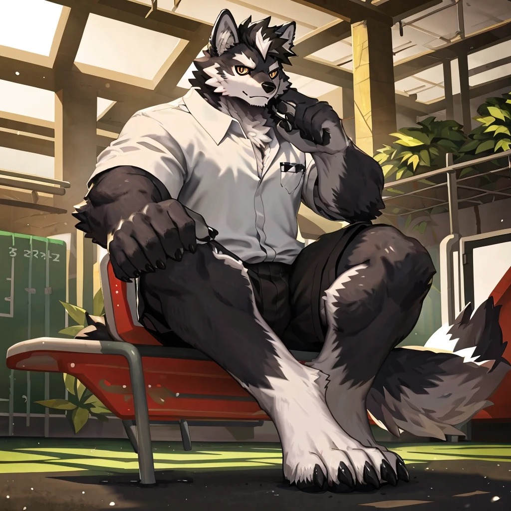 (Strong arms),(Strong legs),masterpiece, best quality, Official Art, Extremely detailed CG unified 8k wallpaper, Ultra Detailed, Best Illustration, , Ink fur, hairy male, Wolf Boy, hairy, Ink fur, 1 Boy,, male focus,, Striped hair, Wolf ears, Animal ears, Single speaker, Ink fur, Bangs, dark hair, White highlights, Medium Hair, Solitary, Ink tail,hairy尾巴,(Black pupil),High target,(In a school playground),,barefoot,(Sexy),((High target and strong)),side,(Delicate eyes:1.2),Inky eyes,male,Solitary,(Inky pupils),(Detailed face),(Sharp eyes),Permanent,(Detailed hands),(Foot details),aldult,type,Moderate,Long legs,(Detailed fingers),(Delicate eyes),(White shirt),(Black shorts),easy,