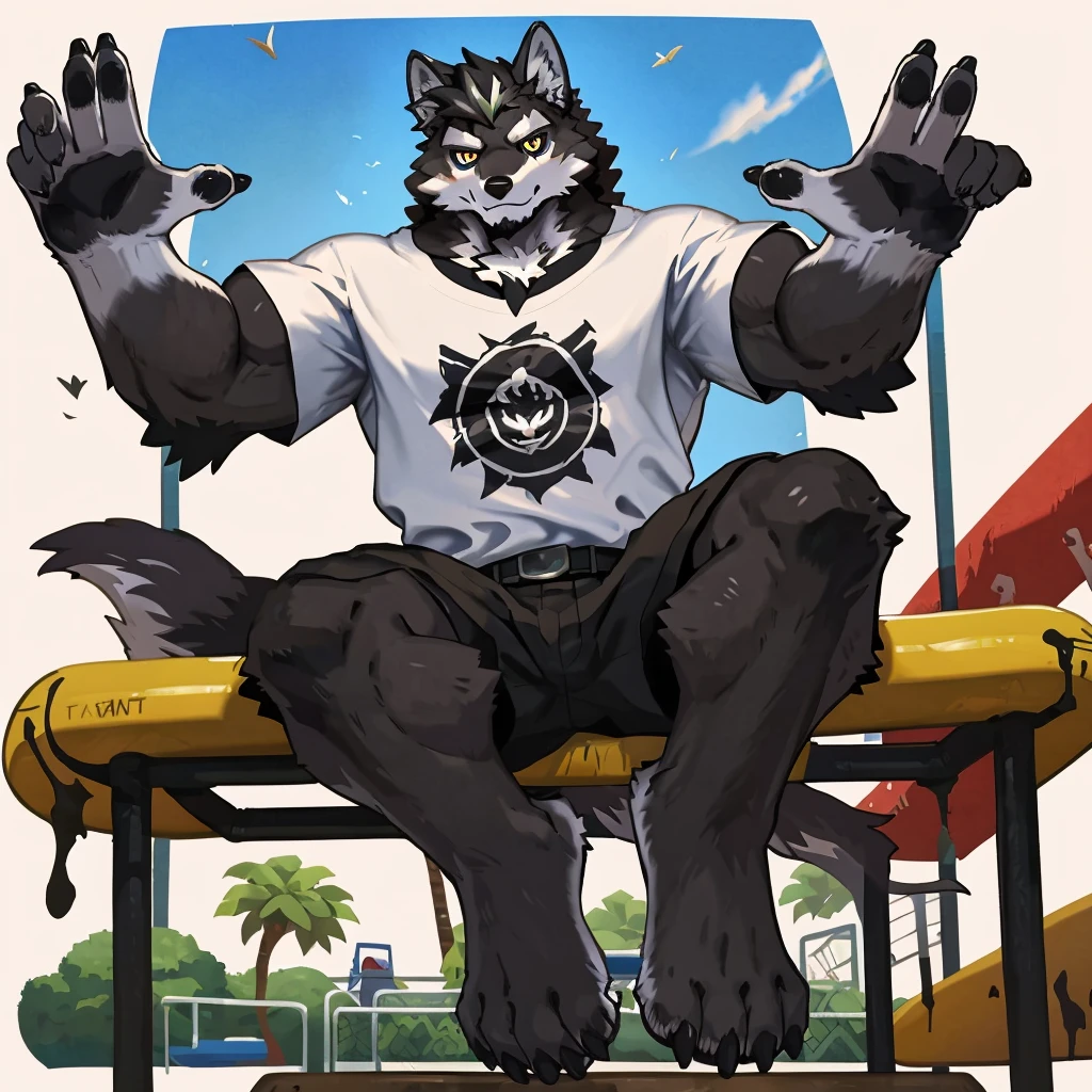 (Strong arms),(Strong legs),masterpiece, best quality, Official Art, Extremely detailed CG unified 8k wallpaper, Ultra Detailed, Best Illustration, , Ink fur, hairy male, Wolf Boy, hairy, Ink fur, 1 Boy,, male focus,, Striped hair, Wolf ears, Animal ears, Single speaker, Ink fur, Bangs, dark hair, White highlights, Medium Hair, Solitary, Ink tail,hairy尾巴,(Black pupil),High target,(In a school playground),,barefoot,(Sexy),((High target and strong)),side,(Delicate eyes:1.2),Inky eyes,male,Solitary,(Inky pupils),(Detailed face),(Sharp eyes),Permanent,(Detailed hands),(Foot details),aldult,type,Moderate,Long legs,(Detailed fingers),(Delicate eyes),(White shirt),(Black shorts),easy,