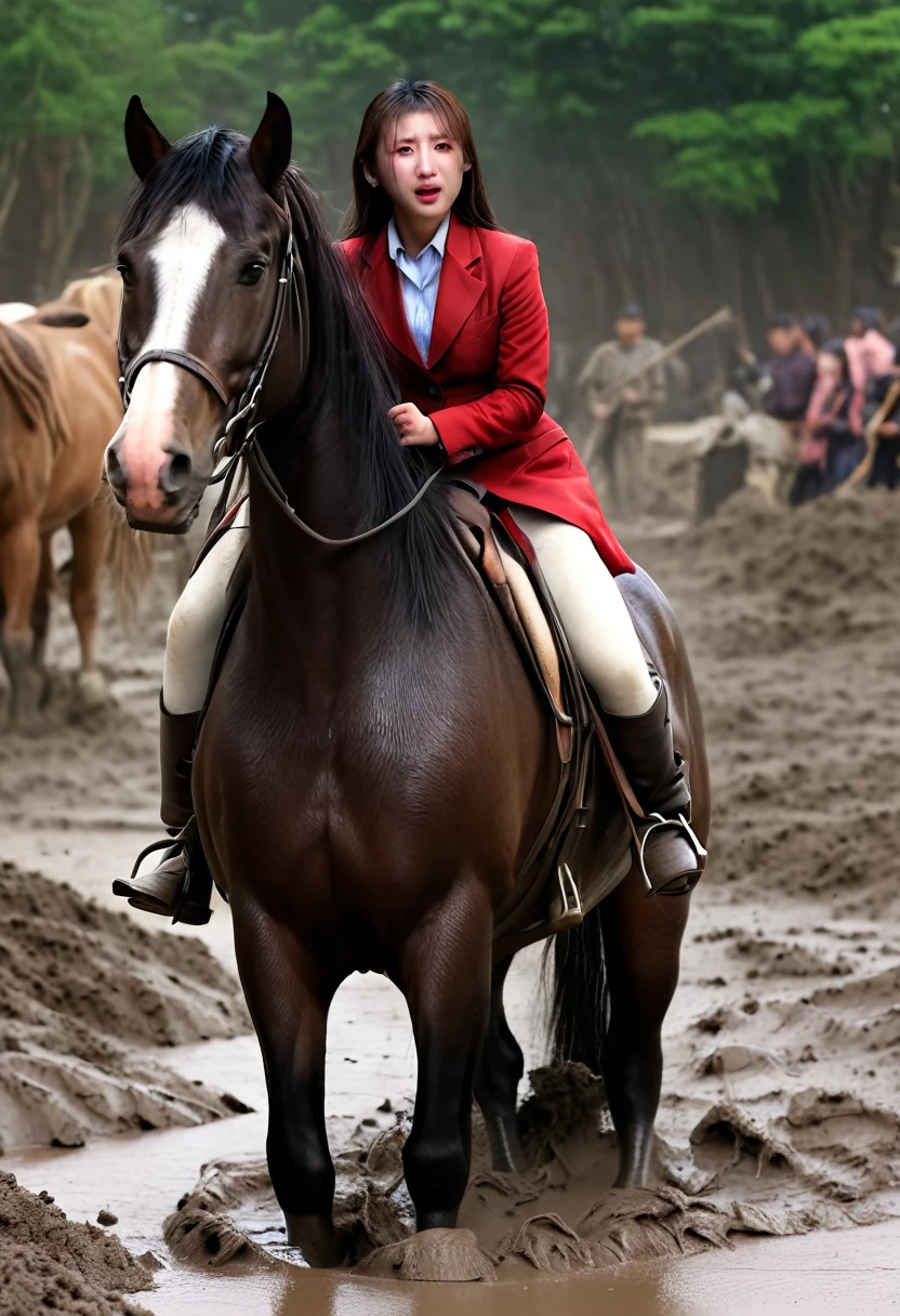 under the pitfallmud,neighing horse,(((masterpiece))),(((Highest quality))),((Tabletop:1.4, Highest quality)), (Realな写真:1.4), red coat,get caught in a net,grotesque,sad,
((1 muddy girl knight)),rodeo,Desperate,Don't make eye contact,round face,Surprised face,panish,tragedy,Pink Cape,
(超High resolution:1.2), wonderful, Very detailed CG Unity 8k wallpaper, Very detailed, High resolution,draft horse ridden by japanese cute girl is in heart,tight,muddy place,Beauty,The horse neighs,鎧を着たtragedyの女騎士,Sink,In the mud,Plump,
Cold Light, Beautiful detailed girl, Droopy eyes,Very detailedな目と顔, Beautiful and exquisite nose, Beautiful and exquisite, prancing draft horse ridden by a girl can't move because horse and girl soak in the sticky muddy deep pitfall:10.0 , horse falls down ,looks pained ,Surprised face:2.0,Real,Anatomically correct