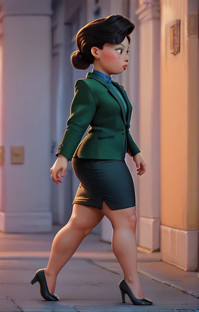 black blazer, black pencil skirt, wide hips, thick legs, thick thighs, wearing small black high heels, walking, side view 