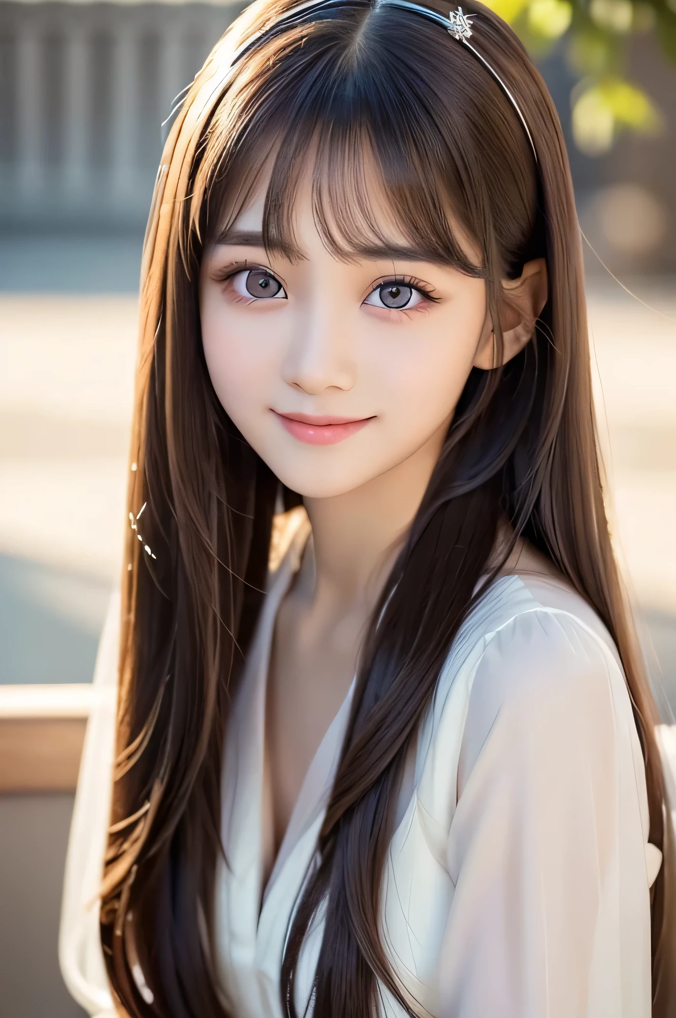 (Very beautiful cute girl), (very elegant face:1.2),12 yo, (sparking crystal clear attractive large eyes:1.1), best looks, Beautiful detailed eyes, Detailed double eyelids, (smiling), (realistic photograph:1.2), silky long straight hair,beautiful see-through bangs