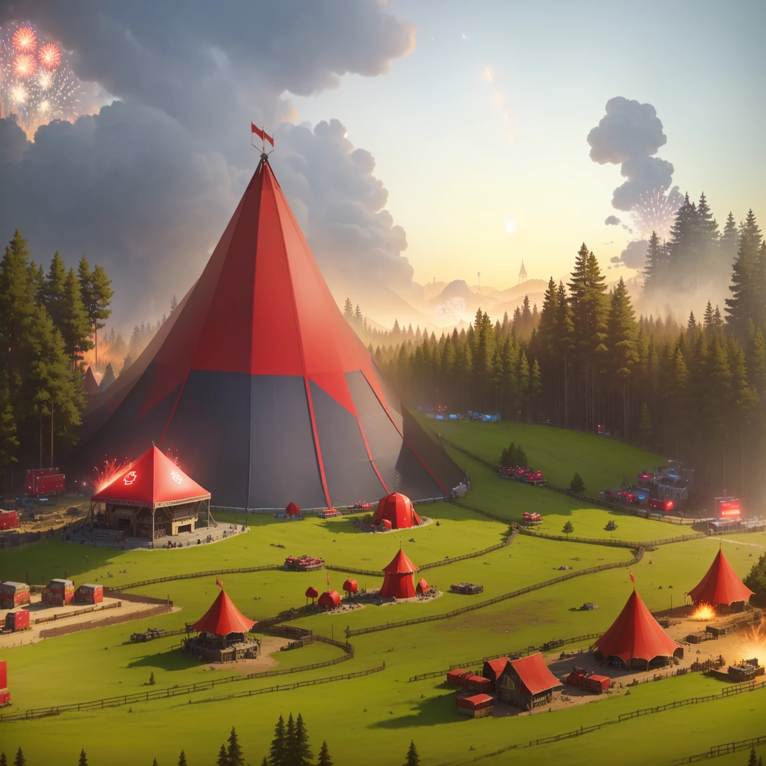 arafed view of a stage with fireworks and a stage with a red tent, official screenshot, riot games, music festival, stalenhag style, festival vibes, an outdoor festival stage, screenshot from the game, rules dream world, gameplay still, gameshow, post apocalyptic theme park, pc screenshot, official, screenshot from game, simin stalenhag