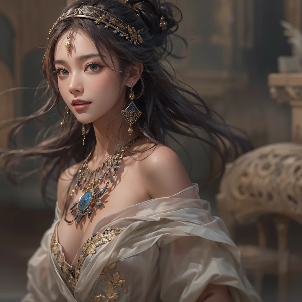 Hiding in the desert、Hair flow、 ((Highest quality、masterpiece、8K、Best image quality、Ultra-high resolution、Award-winning works)、(Accurate anatomy:1.1)、(Look at me and smile:1.1)、Shining fair skin with Ultra-high resolution、The most detailed face、Ultra-high resolution detailed face、Ultra-high resolutionの髪の毛、(Ultra-high resolutionの煌めく瞳:1.1)、Beautiful face drawn in every detail、(Blurred Background:1.1)、Ancient Islamic clothing, Chest to chest, tattoo, Old ruins in the background、Black Authentic Dress Up Elegant Underarm