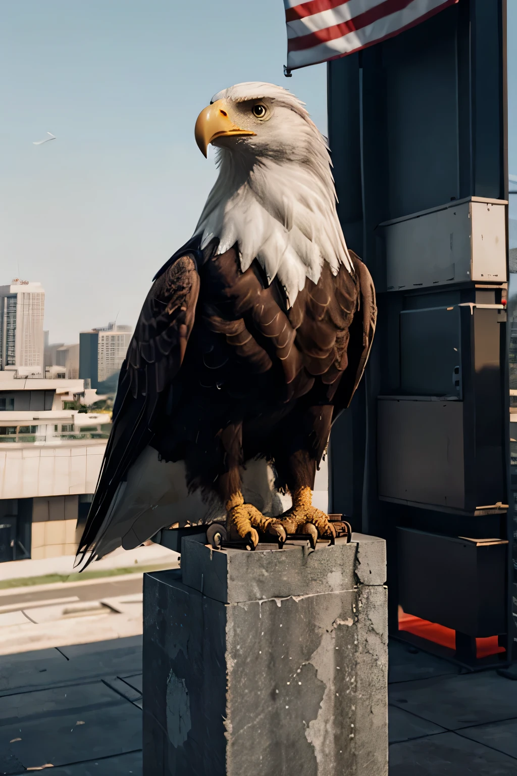 Make a Realistic bald eagle with usa flag in background, Realistic photo, 3D Render, Futuristic Realistic, Cyberpunk