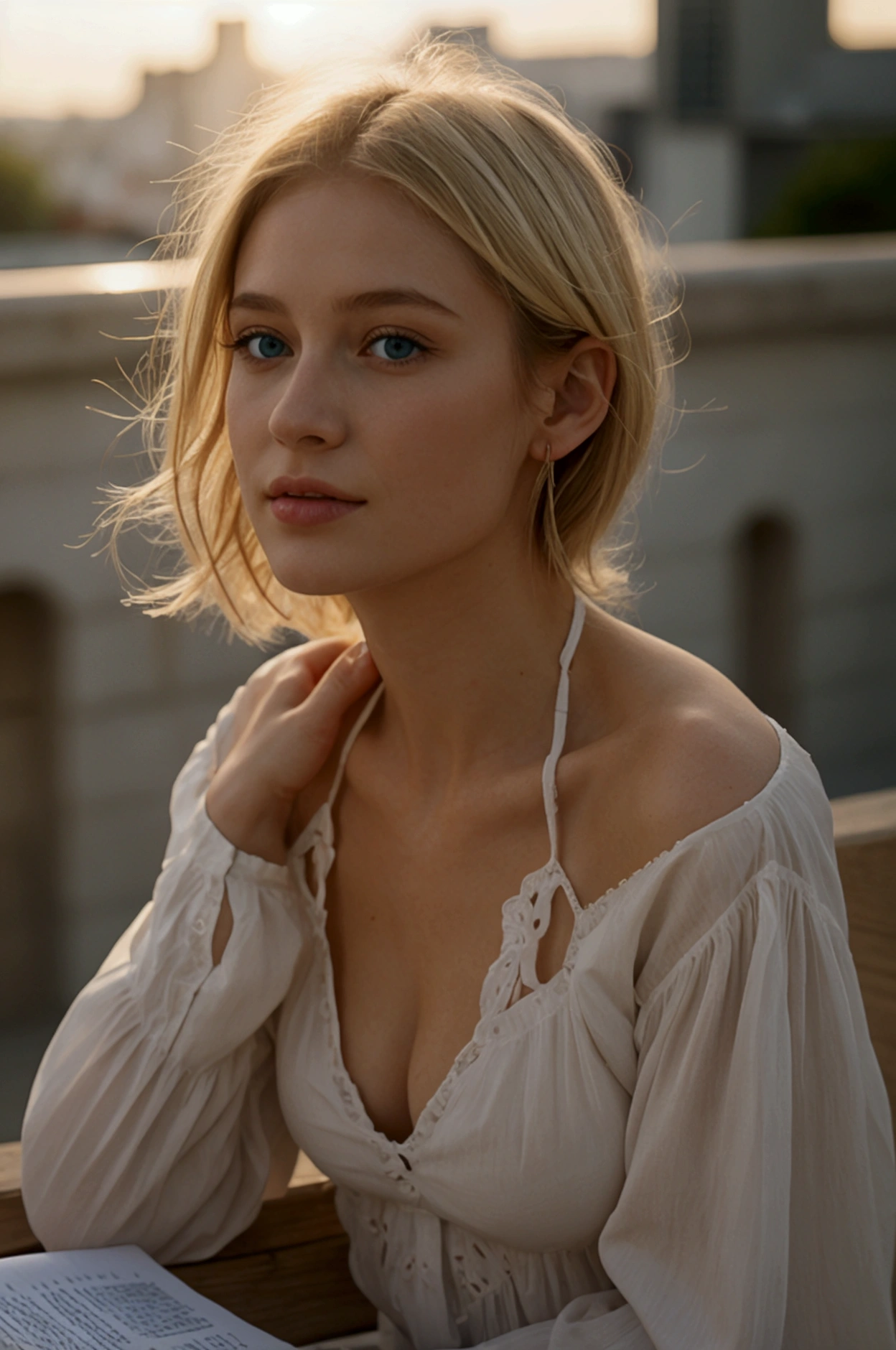 Une fille blonde avec un très joli corps fin et une jolie poitrine, en train de lire un livre sur une terrasse ensoleillée, éclairage parfait, bijoux, se maquiller, 24mm, textures 4k, regarder le spectateur, établir un contact visuel, ultra réaliste, 8k, reflex numérique.