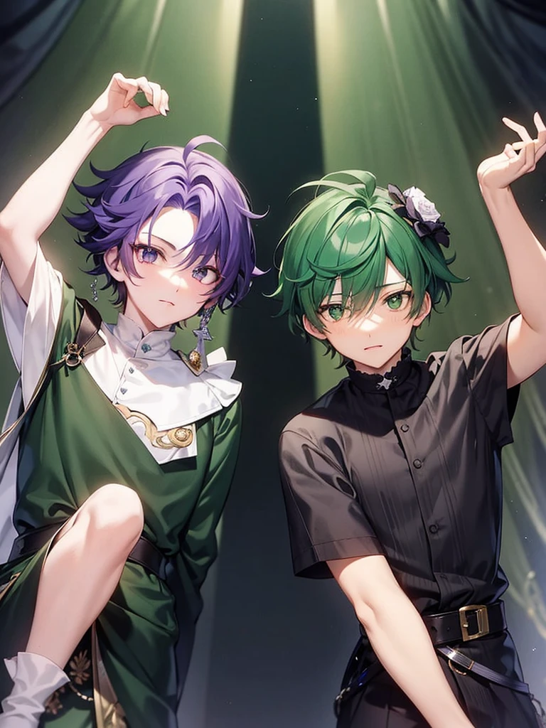 anime characters dressed in formal clothes standing next to each other, an album cover inspired by Okumura Masanobu, Trends in CG society, neo-romanticism, two handsome anime men, one man with green hair and the other with purple hair, akehiko inoue y ross tran, elegant anime key visual, beautiful androgynous prince, Sakimichan, frank franzzeta androgynous prince.