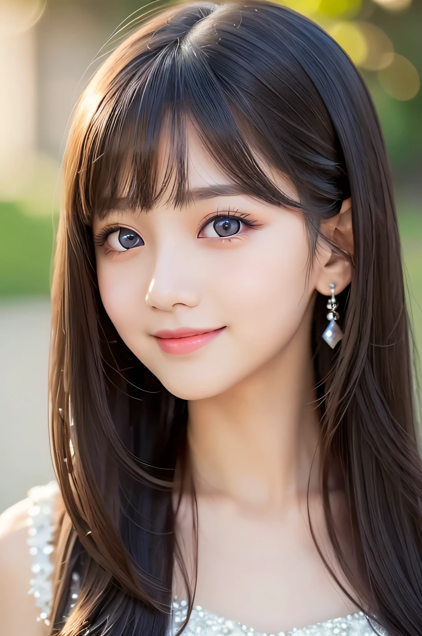 (Very beautiful cute girl), (very elegant face:1.2),12 yo, (sparking crystal clear attractive large eyes:1.1), best looks, Beautiful detailed eyes, Detailed double eyelids, (smiling), (realistic photograph:1.2), silky long straight hair,beautiful see-through bangs