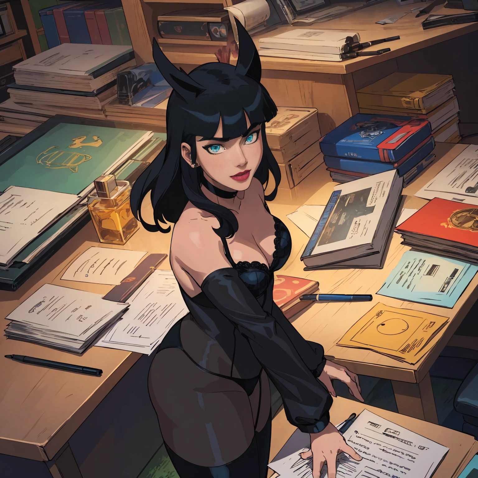 CARTOON_DC_JL_ZatanaDark_ownwaifu, ((long hair, black hair, bangs, glowing blue eyes, wide eyes, lipstick, makeup, narrow waist, skinny, medium breasts, earrings, alone, top hat)), pelvic curtain, ((Black jacket, black panties, black bra)), full body, perfect body, (insanely detailed, beautiful detailed face, masterpiece, best quality) , (((solo))), (((1girl))), (((mature))), (extremely detailed 8k paper CG wall unit: 1.1), (stage, spotlight), (smile face for the viewer), View from above, Diagonal view