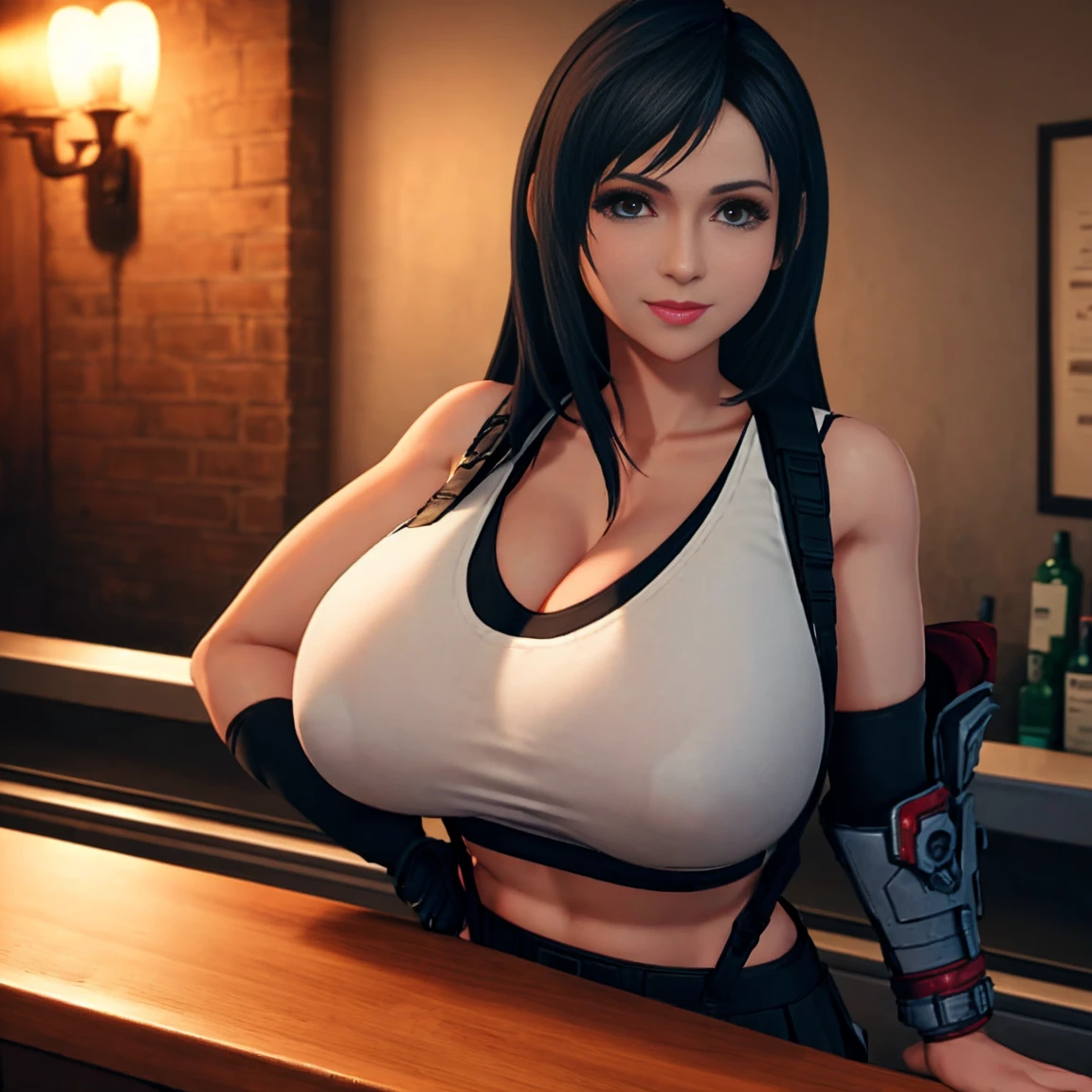 aaa video game, heavily-realistic, best PS5 graphics, Unreal Engine 5, next-gen graphics, ray tracing, (8k graphics), (best quality), solo, (anime eyes:0.9), curvy female bartender, long straight black hair, face : ((tifa lockhart), smiling, looking at viewer), figure : (very fat breasts, overweight breasts, heavy breasts, thick breasts, slim attractive waist, toned highs, gigantic breasts, pokies), slim and busty body type, skinny, clothes : (too small, overly-stuffed skintight black sports bra, white tank top, visible cleavage, exposed midriff, pleated black mini skirt, black knee socks, red combat boots) , setting : (dimly lit bar), pose : (leaning against a counter), amazing lighting and shadind detail, intricate shadow,