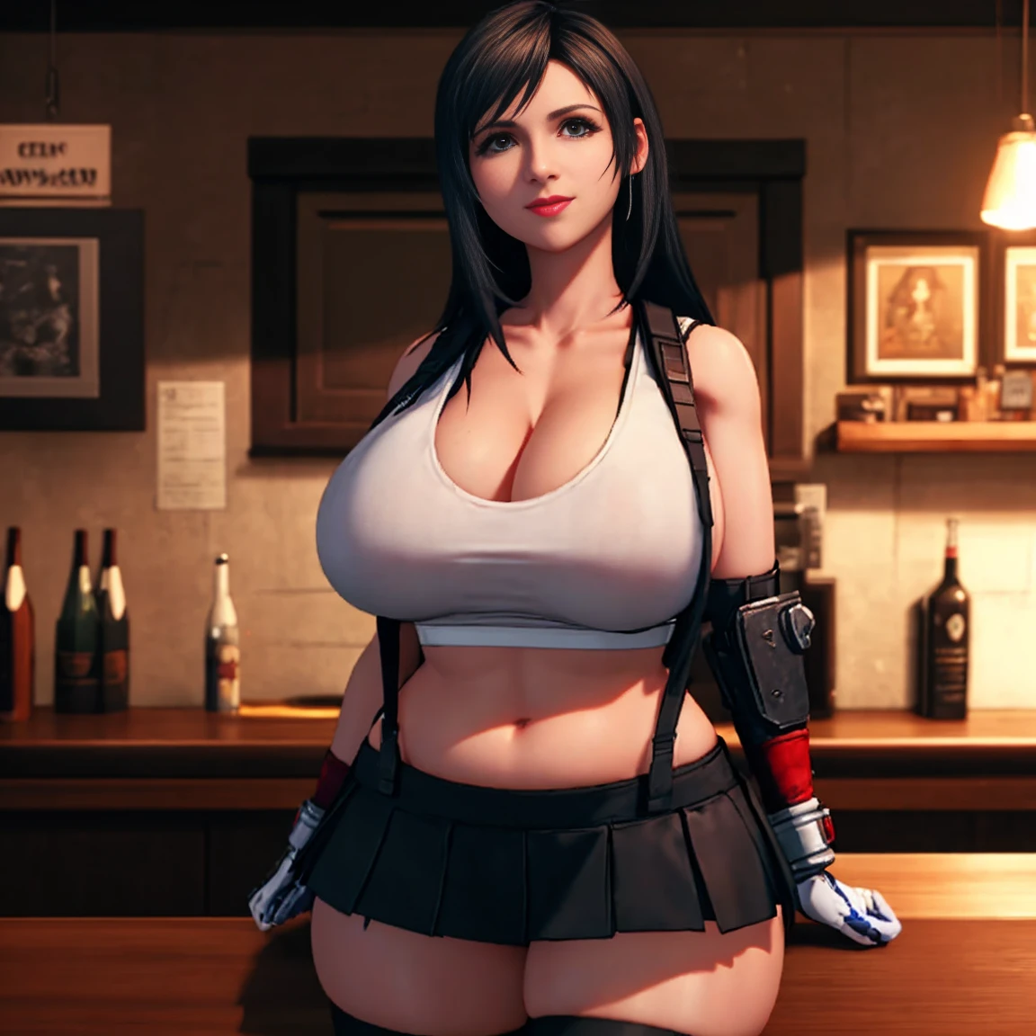 aaa video game, heavily-realistic, best PS5 graphics, Unreal Engine 5, next-gen graphics, ray tracing, (8k graphics), (best quality), solo, (anime eyes:0.9), curvy female bartender, long straight black hair, face : ((tifa lockhart), smiling, looking at viewer), figure : (very fat breasts, overweight breasts, heavy breasts, thick breasts, slim attractive waist, toned highs, gigantic breasts, pokies), slim and busty body type, skinny, clothes : (too small, overly-stuffed skintight black sports bra, white tank top, visible cleavage, exposed midriff, pleated black mini skirt, black knee socks, red combat boots) , setting : (dimly lit bar), pose : (leaning against a counter), amazing lighting and shadind detail, intricate shadow,