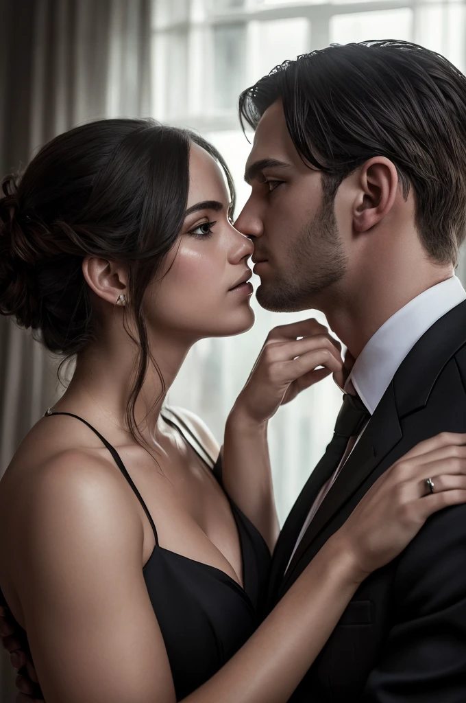 man and woman hugging each other kissing sweaty with an expression of pleasure on a bed in formal clothes looking at each other, portrait style, dark environment (best quality,4K,8K,high resolution,Artwork:1.2),ultra-detailed ,(realistic,photorealistic,photo-realistic:1.37),detailed eyes,detailed lips,extremely detailed face, intense expression,chiaroscuro lighting,moody atmosphere,dramatic shadows,rich colors,cinematic,portrait