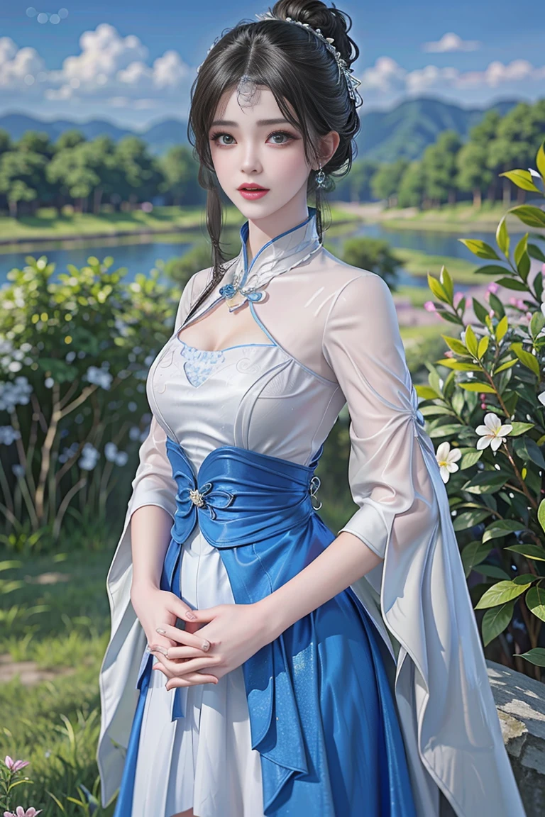 best quality, tmasterpiece,Ultra-high resolution,Clear face,（Reality：1.4），ferpect lighting，(upper body), (photorealistic:1.50), anime wallpaper, Guviz style artwork, cover-up fantasy up to magic , by Yang J, Guviz, beautiful artwork illustration, beautiful digital artwork, beautiful digital illustration, Li Song, beautiful anime portrait, art style in Beauvot, 1girl, 独奏,cosplay, looking at the audience, 
long hair, black hair, hair bun, blue eyes, Chinese dress, 
Outdoor, grassland, park, Garden, (standing:1.5), night sky, (looking at viwer:1.3),