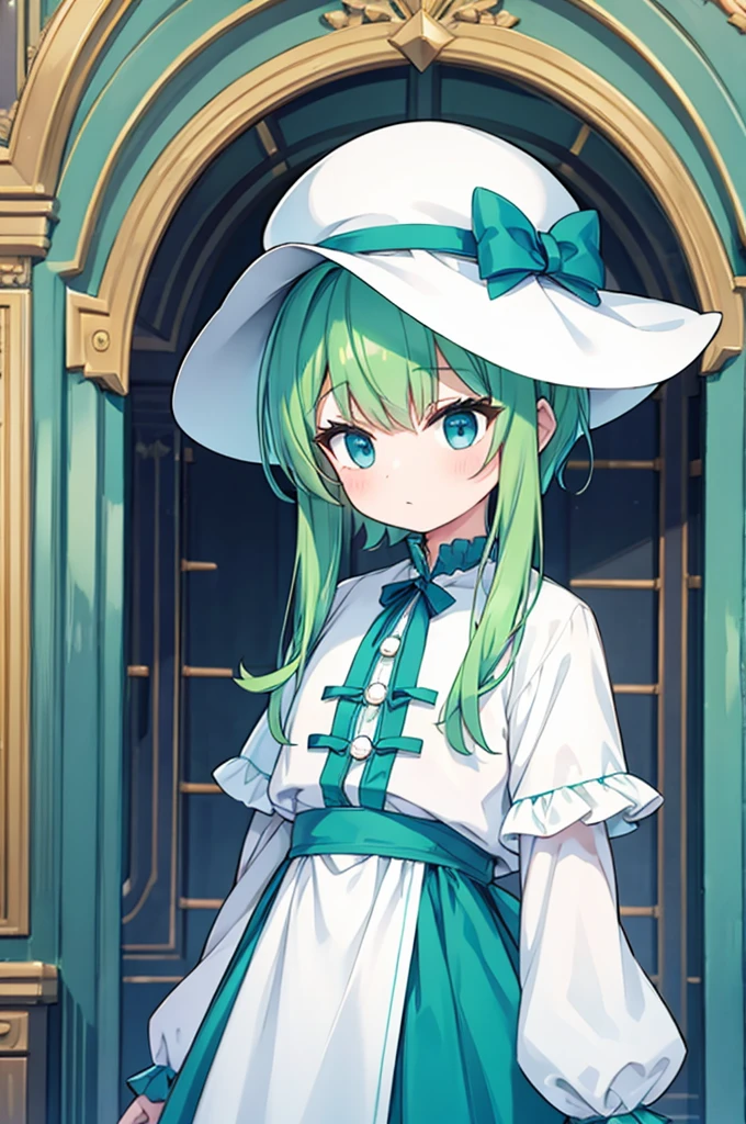 boy　Green Hair　Blue clothes　White hat