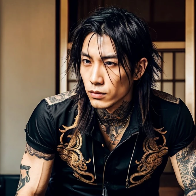 1 man, Japanese man, male, Asian eyes, muscular, broad shoulders, yakuza tattoos, hairstyle Visual Kei style, hair Visual Kei, black men's shirt and black pants, ultra detailed face, hyperrealistic, realistic representation, long hair, long hair, 30 years old, age 30 years, blond, blonde hair