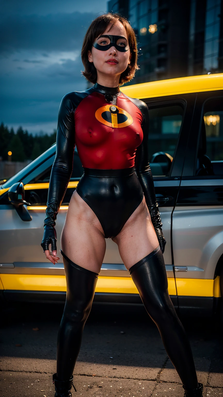 (masterpiece), (solo character), (photorealistic:1.4), ),(best quality), (the Incredibles red top bodysuit),, (Dakota Johnson wearing the Incredibles red bodysuit) ), (Dakota Johnson in Helen Parr hairstyle), (helen short hairstyle), (flashphoto), (epiCRealLife), (lora:epiCFlashPhoto), (wearing thighhigh), (the incredibles elbow gloves), (midriff cleavages), (Dakota Johnson the wearing Incredibles black eye domino mask),, (pose for picture), (standing poses),, at night, outdoor, close up