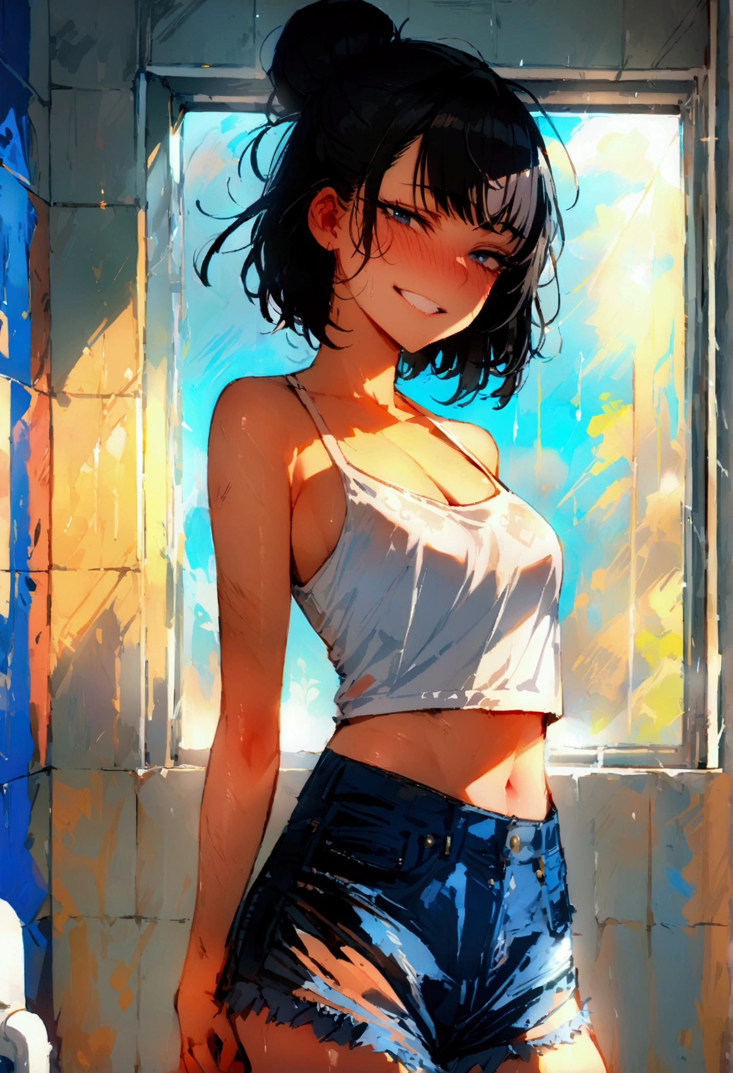 masterpiece, best quality 1girl, solo, beautiful woman, bangs, black hair, short hair, women's bun, dark blue eyes, deep blush, grin, medium breasts, white tank top, cropped tank top, denim short shorts, louis vuitton handbag, looking at viewer, dirty public bathroom