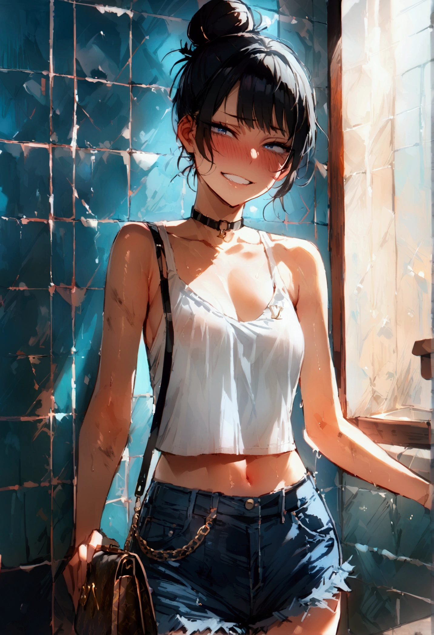 masterpiece, best quality 1girl, solo, beautiful woman, bangs, black hair, short hair, women's bun, dark blue eyes, deep blush, grin, medium breasts, white tank top, cropped tank top, denim short shorts, louis vuitton handbag, looking at viewer, dirty public bathroom
