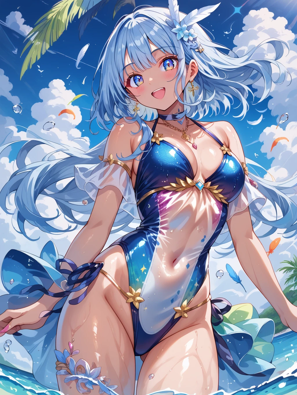 score_9, score_8_up, score_7_up, source_anime,masterpiece, best quality, high resolution, extremely detailed CG, absurdres, highres, 1girl, a dark skin girl in a swimsuit, posing at the beach, (((light blue hair))), golden_decorations, feathers on swimsuit, asymmetric swimsuit, ((glitter swimsuit, shiny swimsuit)), Ombre swimsuit, gorgeous, single thighhigh, beach and blue sky in background, ((((transparent_dress)))),Colorful portraits, happy,AissistXLv2