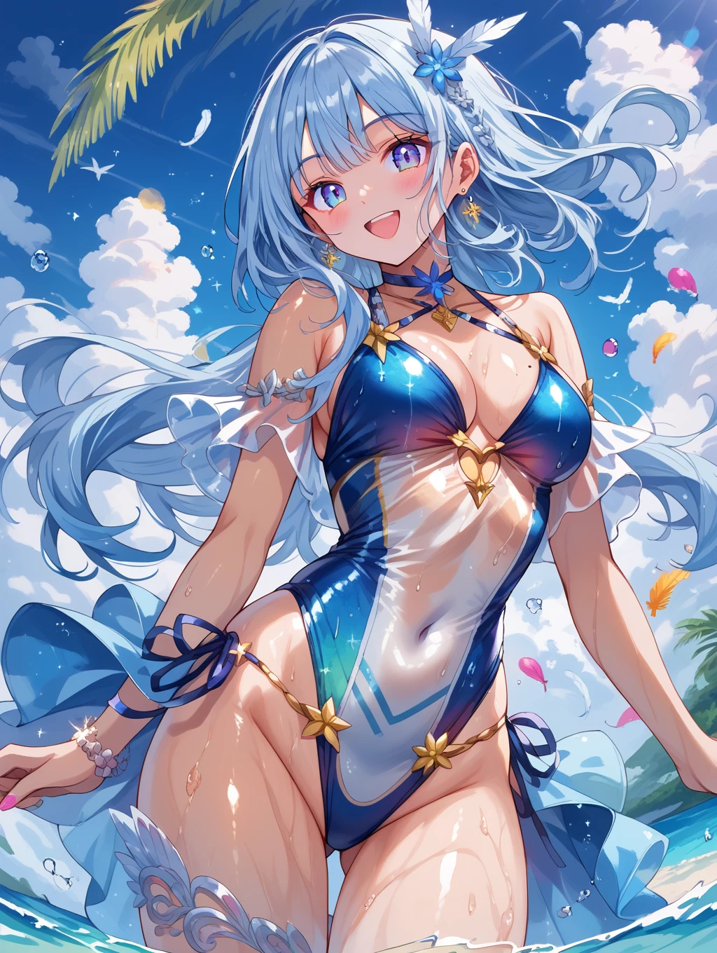 score_9, score_8_up, score_7_up, source_anime,masterpiece, best quality, high resolution, extremely detailed CG, absurdres, highres, 1girl, a dark skin girl in a swimsuit, posing at the beach, (((light blue hair))), golden_decorations, feathers on swimsuit, asymmetric swimsuit, ((glitter swimsuit, shiny swimsuit)), Ombre swimsuit, gorgeous, single thighhigh, beach and blue sky in background, ((((transparent_dress)))),Colorful portraits, happy,AissistXLv2