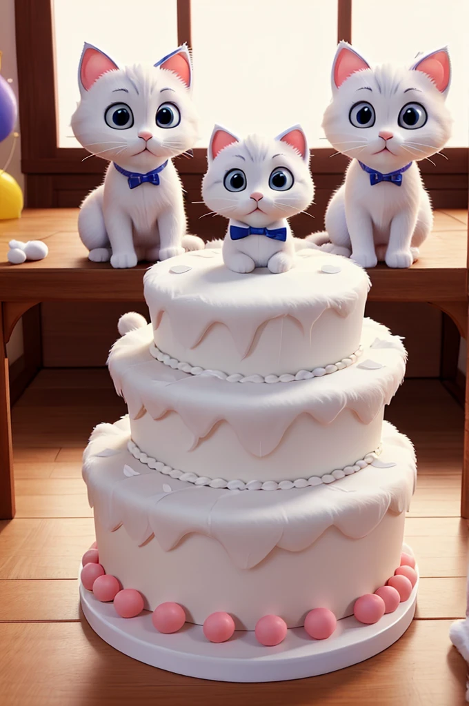 Family of cats on a birthday of the white kitten who is  1 year ol