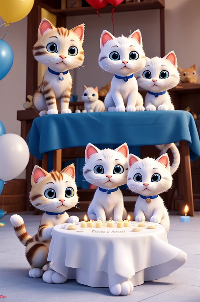 Family of cats on a birthday of the white kitten who is turning 1 year old