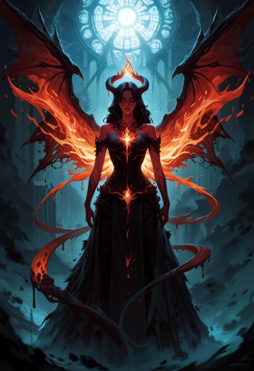 a digital rendering of a woman with wings and strange dress, fire, dynamic lights, Chaos And Order