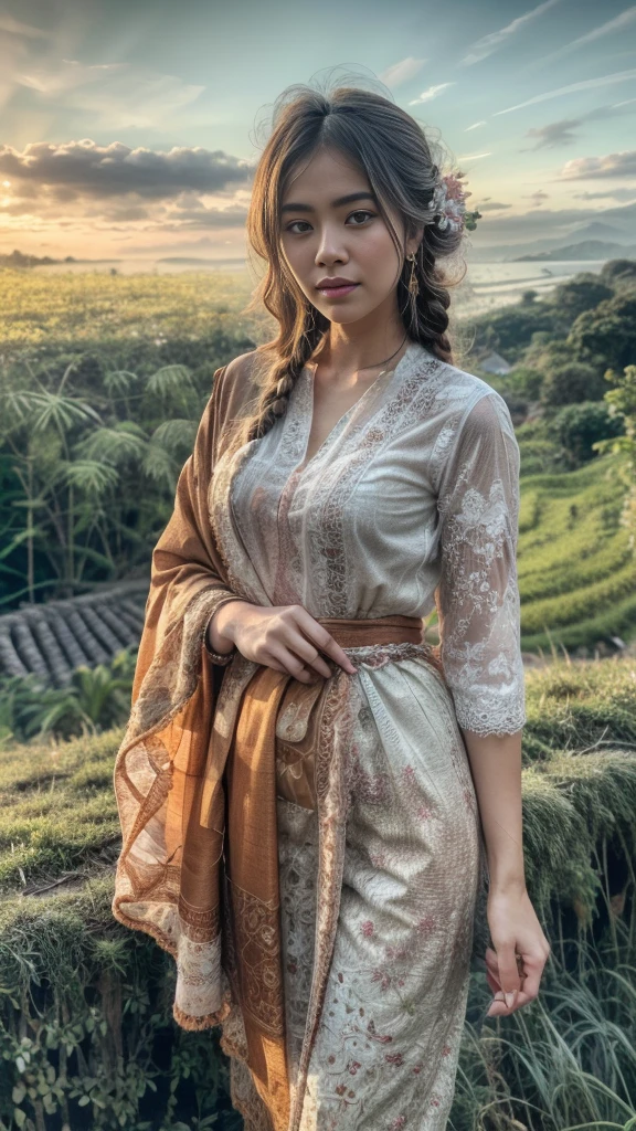 (best quality,highres,realistic:1.37),Portrait,Close-up,Girl from Javanese village with braided bangs, wearing kebaya, walking in the rice field, on a bright morning,traditional attire,elegant,serene face,sparkling brown eyes,delicate curls,khaki kebaya adorned with intricate floral patterns,glossy fabrics,flawlessly braided hair,gleaming in the sunlight,dewdrops on the crops,verdant greenery,resplendent sunrise painting the sky in shades of pink and orange,gentle breeze caressing her face,beautifully handcrafted traditional accessories,graceful strides,peaceful ambiance,tranquil surroundings,cascading rice terraces,serene beauty of nature,harmony between human and environment,vibrant bird songs,scenic vista,ethereal light permeating the atmosphere,pure,soft daylight casting a warm glow,dew-kissed landscape,joyful chorus of frogs,aesthetic harmony between the girl and her surroundings,natural tranquility,enchanting portrait encapsulating the essence of Javanese culture.