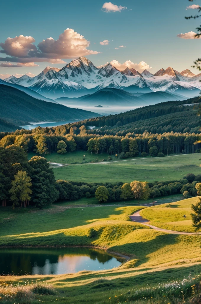a lush, verdant meadow, rolling hills, a tranquil lake, fluffy white clouds in a bright blue sky, towering snow-capped mountains in the distance, a majestic golden sun, warm natural lighting, serene atmosphere, (best quality,4k,8k,highres,masterpiece:1.2),ultra-detailed,(realistic,photorealistic,photo-realistic:1.37),landscape, cinematic composition, dramatic lighting, muted color palette, vibrant colors, stunning vistas