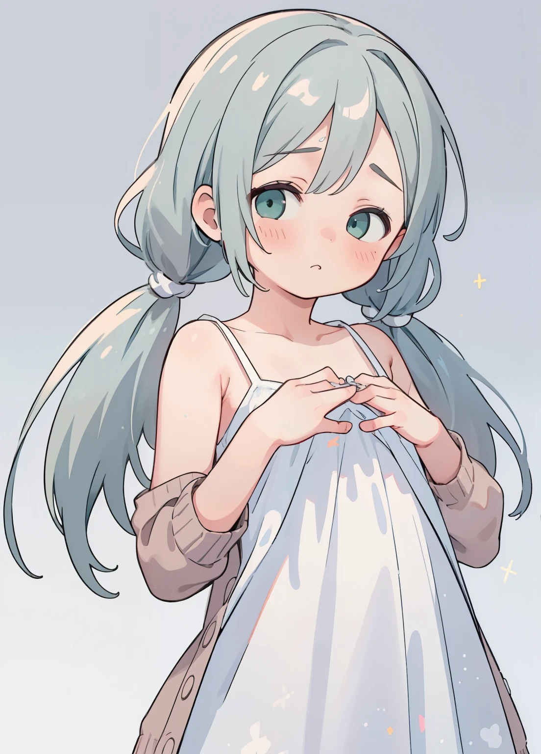 (masterpiece、Highest quality、Highest quality、Official Art、Beautiful and beautiful:1.2)、(One girl:1.3)Hatsune Miku、Twin tails,Beautiful breasts, masterpiece, Highest quality, (score_9, score_8_superior, score_7_superior), One girl, alone, Portraiture, Freezing nightwear, Green Eyes, Sagging under the eyes, Gray Hair, Long Hair, Messy Hair, White Dress, Spaghetti Straps, Sleeveless dress, Brown cardigan, Are standing, Scratching eyes with hands, Close one eye, one hand superior, Delicate hands, sleepy, Contorting the mouth, View your viewers, White Background, Simple Background, masterpiece, Highest quality