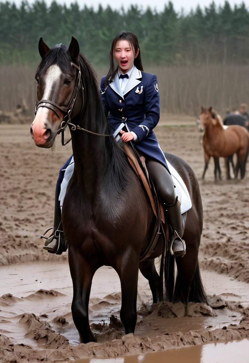under the pitfallmud,neighing horse,(((masterpiece))),(((Highest quality))),((Tabletop:1.4, Highest quality)), (Realな写真:1.4), red coat,get caught in a net,grotesque,sad,serious,
((1 muddy girl knight)),rodeo,Desperate,Don't make eye contact,round face,Surprised face,panish,tragedy,Red Cape,
(超High resolution:1.2), wonderful, Very detailed CG Unity 8k wallpaper, Very detailed, High resolution,draft horse ridden by japanese cute girl is in heart,tight,muddy place,Beauty,The horse neighs,鎧を着たtragedyの女騎士,Sink,In the mud,Plump,
Cold Light, Beautiful detailed girl, Droopy eyes,Very detailedな目と顔, Beautiful and exquisite nose, Beautiful and exquisite, prancing draft horse ridden by a girl can't move because horse and girl soak in the sticky muddy deep pitfall:10.0 , horse falls down ,looks pained ,Surprised face:2.0,Real,Anatomically correct