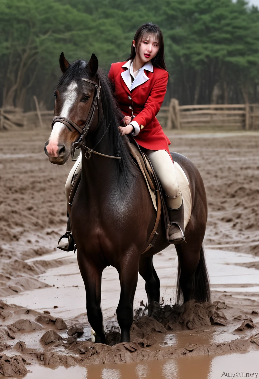 under the pitfallmud,neighing horse,(((masterpiece))),(((Highest quality))),((Tabletop:1.4, Highest quality)), (Realな写真:1.4), red coat,get caught in a net,grotesque,sad,serious,
((1 muddy girl knight)),rodeo,Desperate,Don&#39;t make eye contact,round face,Surprised face,panish,tragedy,Red Cape,
(超High resolution:1.2), wonderful, Very detailed CG Unity 8k wallpaper, Very detailed, High resolution,draft horse ridden by japanese cute girl is in heart,tight,muddy place,Beauty,The horse neighs,鎧を着たtragedyの女騎士,Sink,In the mud,Plump,
Cold Light, Beautiful detailed girl, Droopy eyes,Very detailedな目と顔, Beautiful and exquisite nose, Beautiful and exquisite, prancing draft horse ridden by a girl can't move because horse and girl soak in the sticky muddy deep pitfall:10.0 , horse falls down ,looks pained ,Surprised face:2.0,Real,Anatomically correct