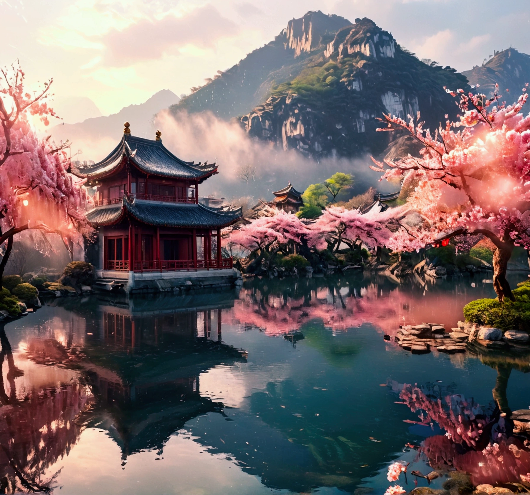 Chinese Architecture,Rich details,rain,Peach blossoms in full bloom,spring, Realism,8K,Photographic techniques, Ancient Chinese buildings reflected on the lake, There is a lake in front of the building and a mountain behind it, Clear sky, 让整个事情充满spring的感觉