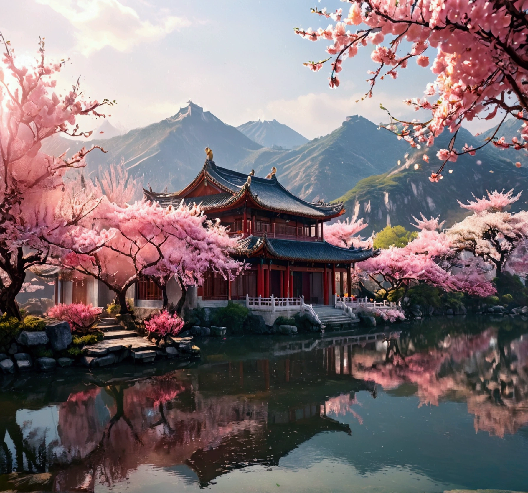 Chinese Architecture,Rich details,rain,Peach blossoms in full bloom,spring, Realism,8K,Photographic techniques, Ancient Chinese buildings reflected on the lake, There is a lake in front of the building and a mountain behind it, Clear sky, 让整个事情充满spring的感觉