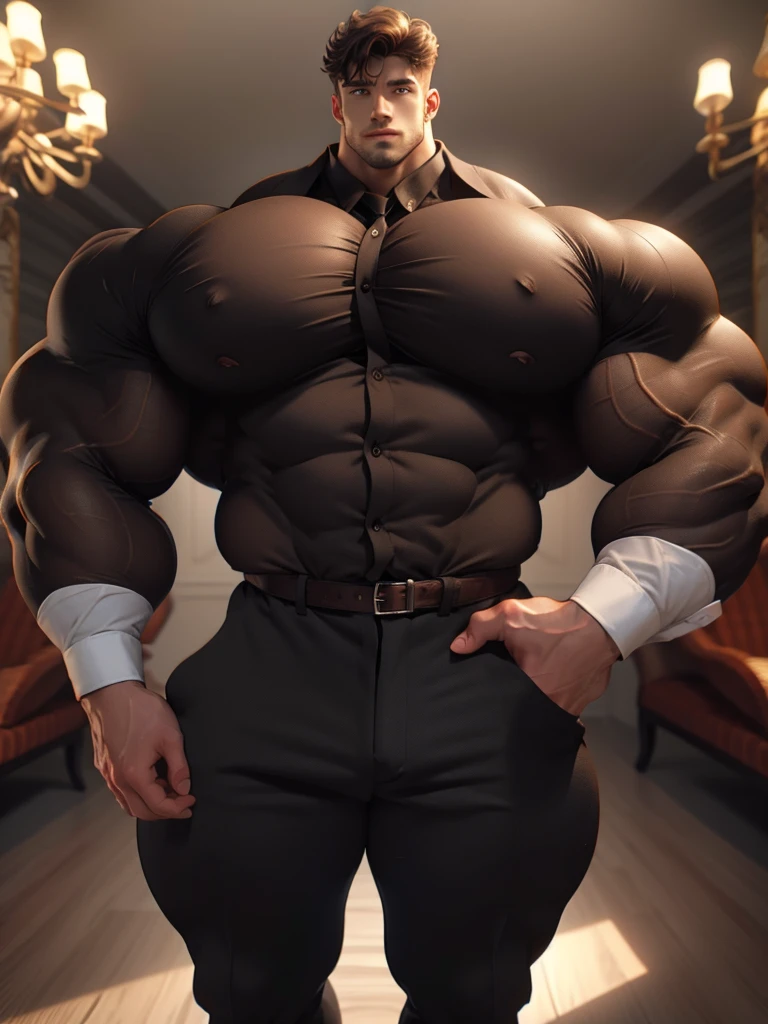 best quality,masterpiece,1boy, men,A handsome,mature man. Looking at viewer, model shot. Brutalmass, giant, muscular physique, bulk. His features are well-proportioned and symmetrical,giving him a classic and handsome appearance. He is dressed in a stylish and sophisticated outfit,comprising a tailored suit jacket,crisp white shirt,and sleek black pants. Overall,the man exudes charisma,charm,and an air of sophistication and refinement.,Gothic,skyscraper,wood,