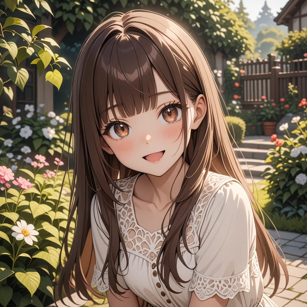 1girl, dark brown eyes, brown hair, blunt bangs, long hair, small breast, beautiful smile, open mouth, garden, looking at the viewer, masterpiece, best quality, very aesthetic, absurdres, newest, intricate details, intricate, ai generated