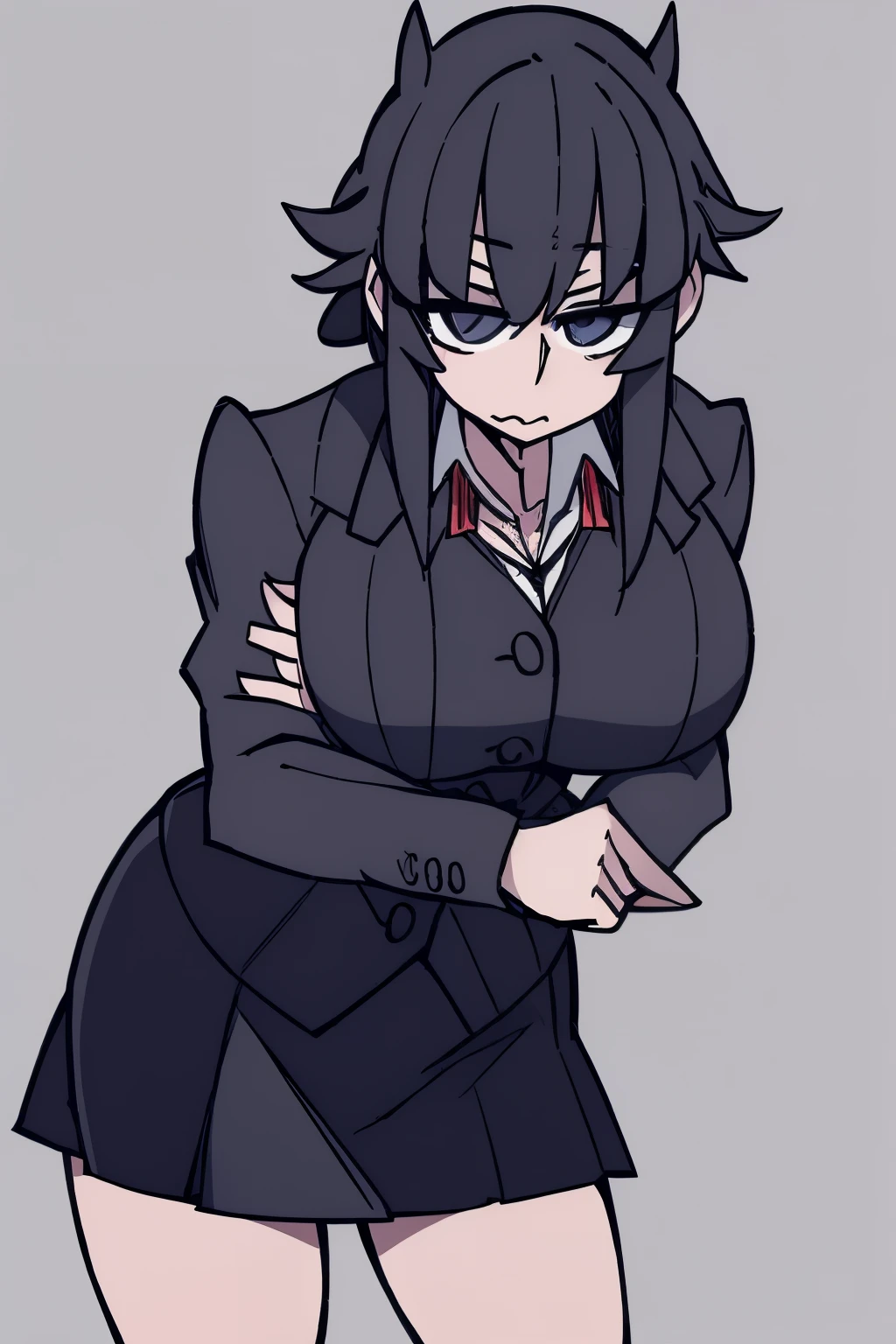1 Girl, Japan School Female Costume, Black Hair, Blue Eyes, Big Breasts, Mini Skirt, Loose Hair, Flushed, Flush.