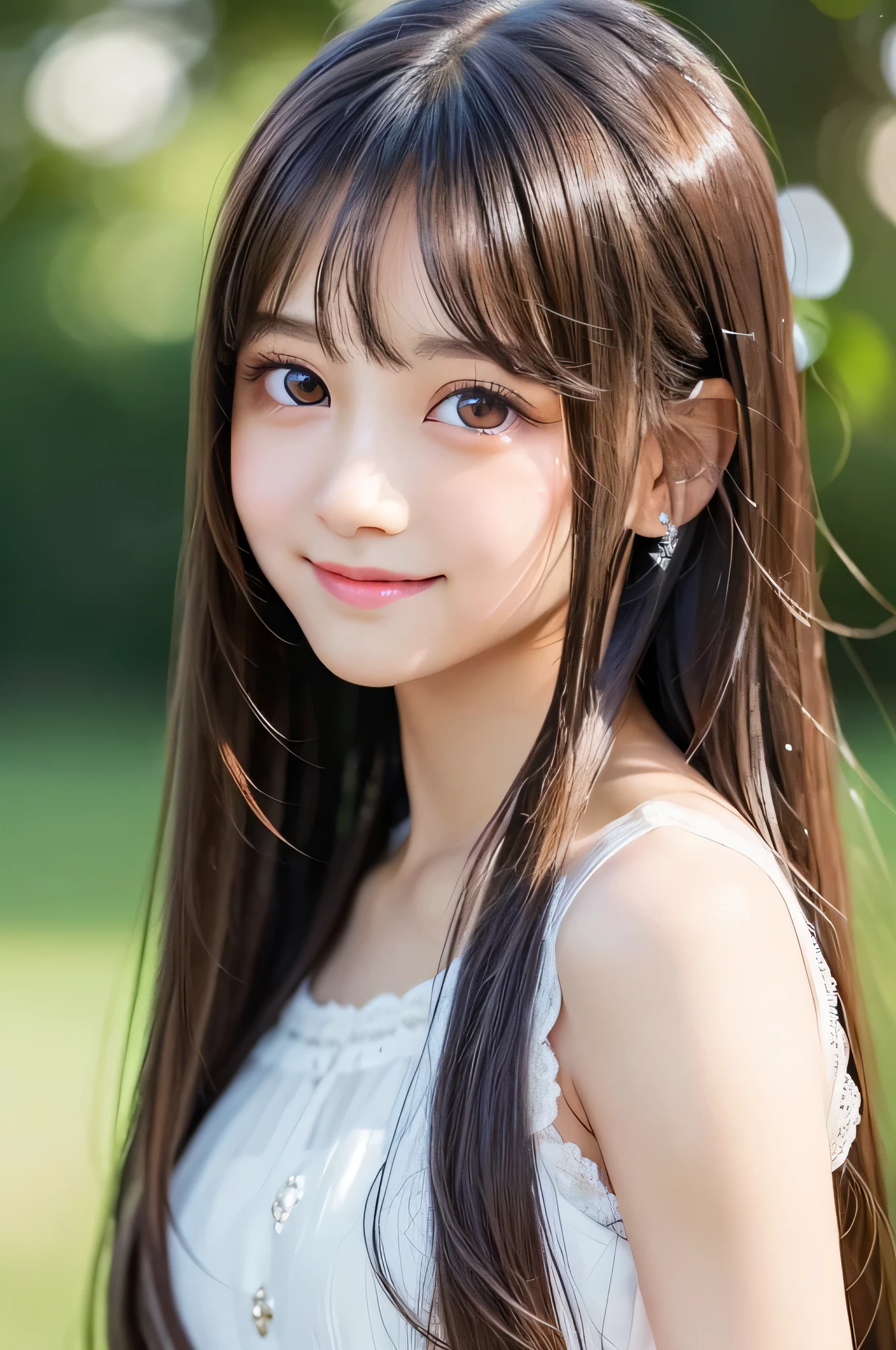 (Very beautiful cute girl), (very cute face:1.2),11 yo, (sparkling clear attractive large eyes:1.2), Beautiful detailed eyes, Detailed double eyelids, (smiling), (realistic photograph:1.2), silky long straight hair,beautiful see-through bangs