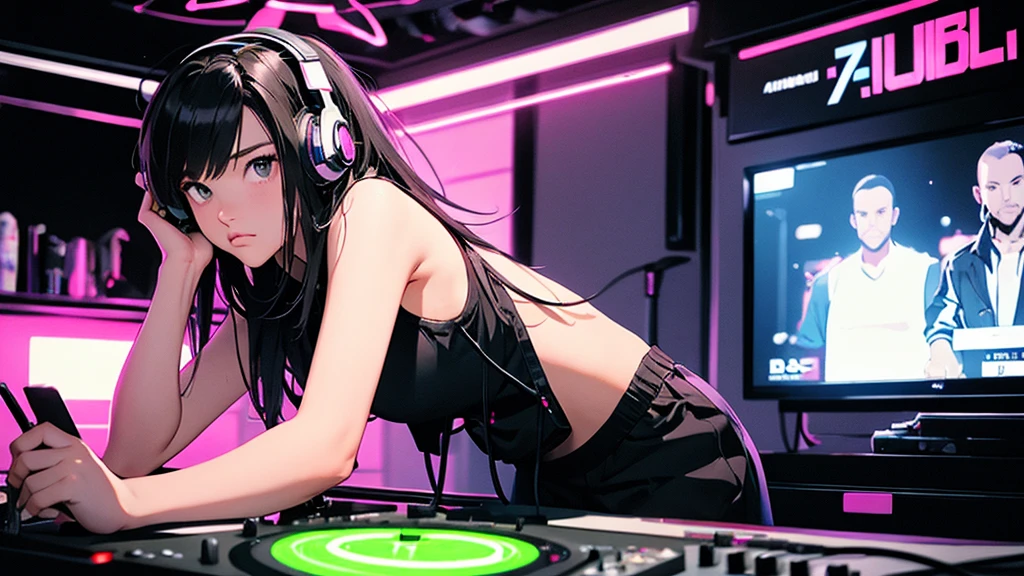 Battle DJ girl in HIPHOP fashion wearing DJ headphones,Front view , Turntablist, DJ Scratch, Two large LED-illuminated speakers on each side, Immerse yourself in a neon-lit environment, In front of her is a music mixer and a turntable.、A record is placed on the turntable,ターンテーブルはTechnics SL-1200MK7, JQBert,
