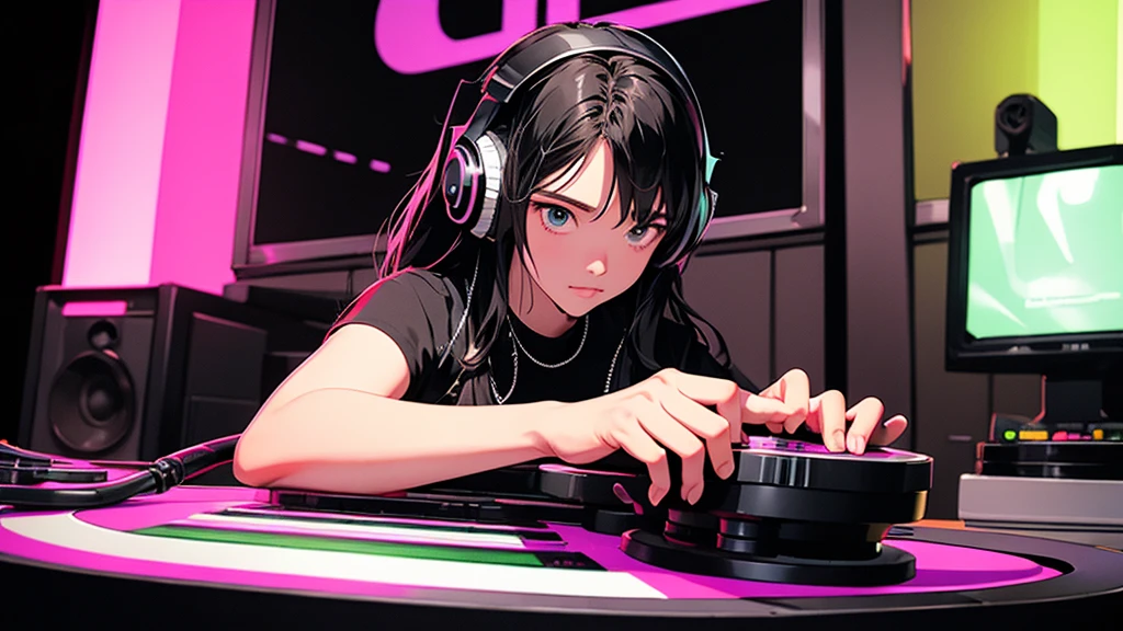 Battle DJ girl in HIPHOP fashion wearing DJ headphones,Front view , Turntablist, DJ Scratch, Two large LED-illuminated speakers on each side, Immerse yourself in a neon-lit environment, In front of her is a music mixer and a turntable.、A record is placed on the turntable,ターンテーブルはTechnics SL-1200MK7, JQBert,