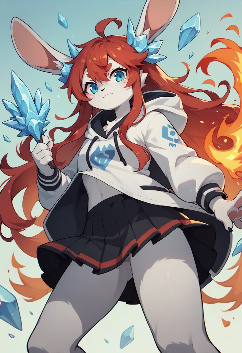 1girl furry,bunny, black and white fur, ice powers,Fire powsers, red hair dye tips in hair, long hair, skirt, hoodie, blue and red, ice and fire