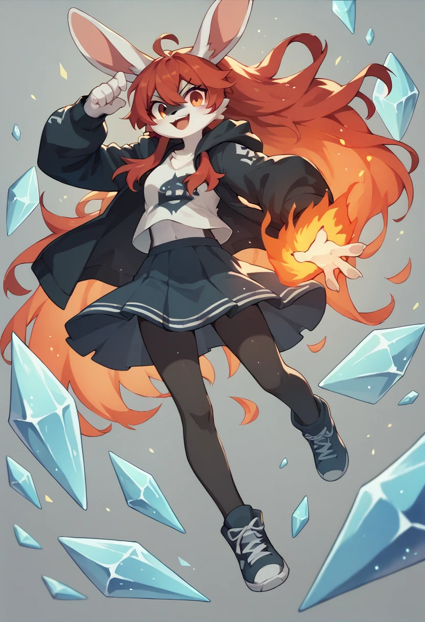 1girl furry,bunny, black and white fur, ice powers,Fire powsers, red hair dye tips in hair, long hair, skirt, hoodie, blue and red, ice and fire
