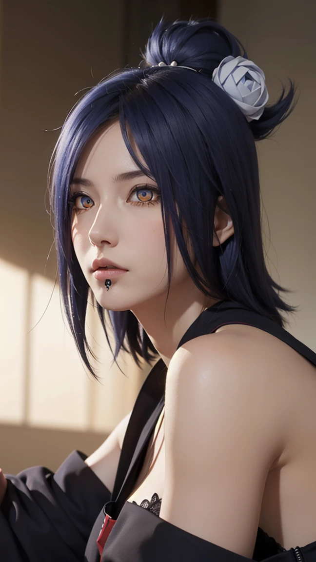 woman, woman, short hair, hair ornament, blue hair, legs , sitting on the bed , small, panties, bra, sexy body , , one flower, hair цветок, (orange eyes:1.2), (labret piercing:1.2), eyeshadow, (Akatsuki uniform:1.5), Akatsuki \(naruto\),BREAK (masterpiece:1.2), Best quality, A high resolution, unity 8k wallpaper, (illustration:0.8), (beautiful detailed eyes:1.6), very detailed face, perfect lighting, extremely detailed computer graphics, (perfect hands, Ideal Anatomy),