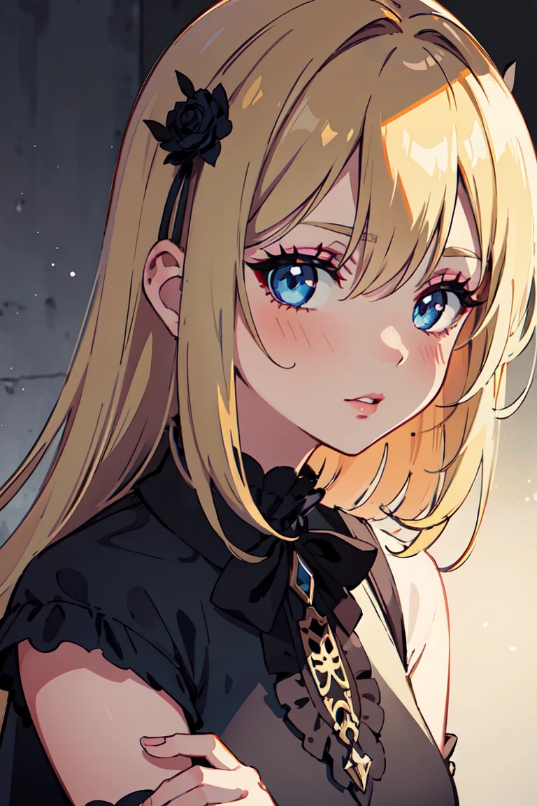 masterpiece, best quality, highly detailed background, perfect lighting, best quality, (extremely detailed face), volumetric lighting, intricate details, shadow, tonemapping, sharp focus, hyper detailed, trending on Artstation, (solo) ((Looking at the viewer)) .Girl with medium blond hair. Blue eyes. curvy. Blush, Clear skin. Big bust.((Gothic dressed)). Gothic shoes. ((Gothic makeup))