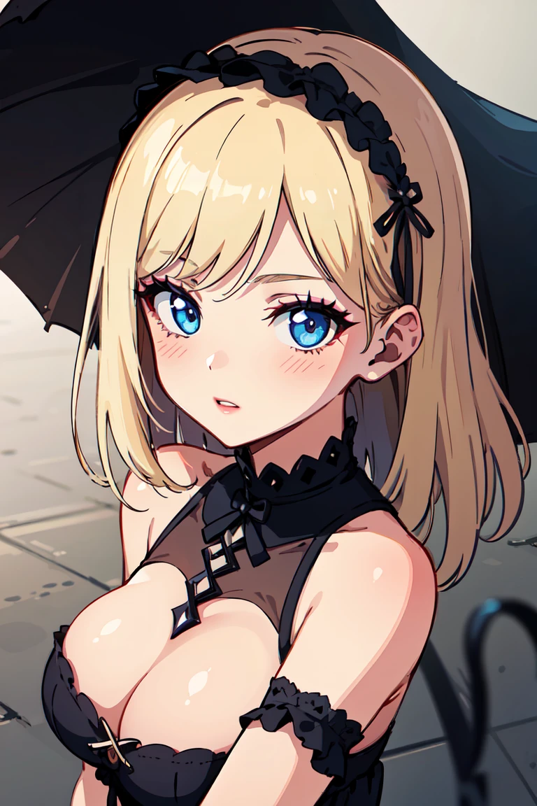 masterpiece, best quality, highly detailed background, perfect lighting, best quality, (extremely detailed face), volumetric lighting, intricate details, shadow, tonemapping, sharp focus, hyper detailed, trending on Artstation, (solo) ((Looking at the viewer)) .Girl with medium blond hair. Blue eyes. curvy. Blush, Clear skin. Big bust.((Gothic dressed)). Gothic shoes. ((Gothic makeup))