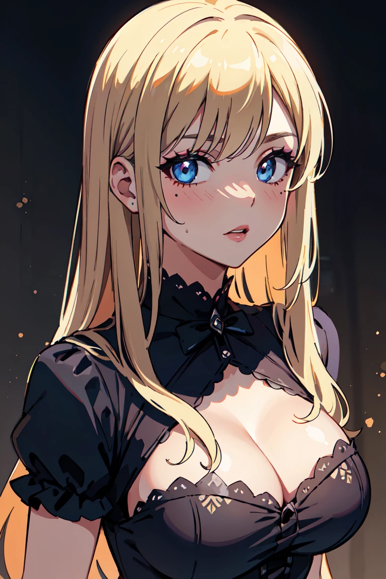 masterpiece, best quality, highly detailed background, perfect lighting, best quality, (extremely detailed face), volumetric lighting, intricate details, shadow, tonemapping, sharp focus, hyper detailed, trending on Artstation, (solo) ((Looking at the viewer)) .Girl with medium blond hair.  Blue eyes. curvy. Blush, Clear skin.  Big bust.((Gothic dressed)). Gothic shoes. ((Gothic makeup))