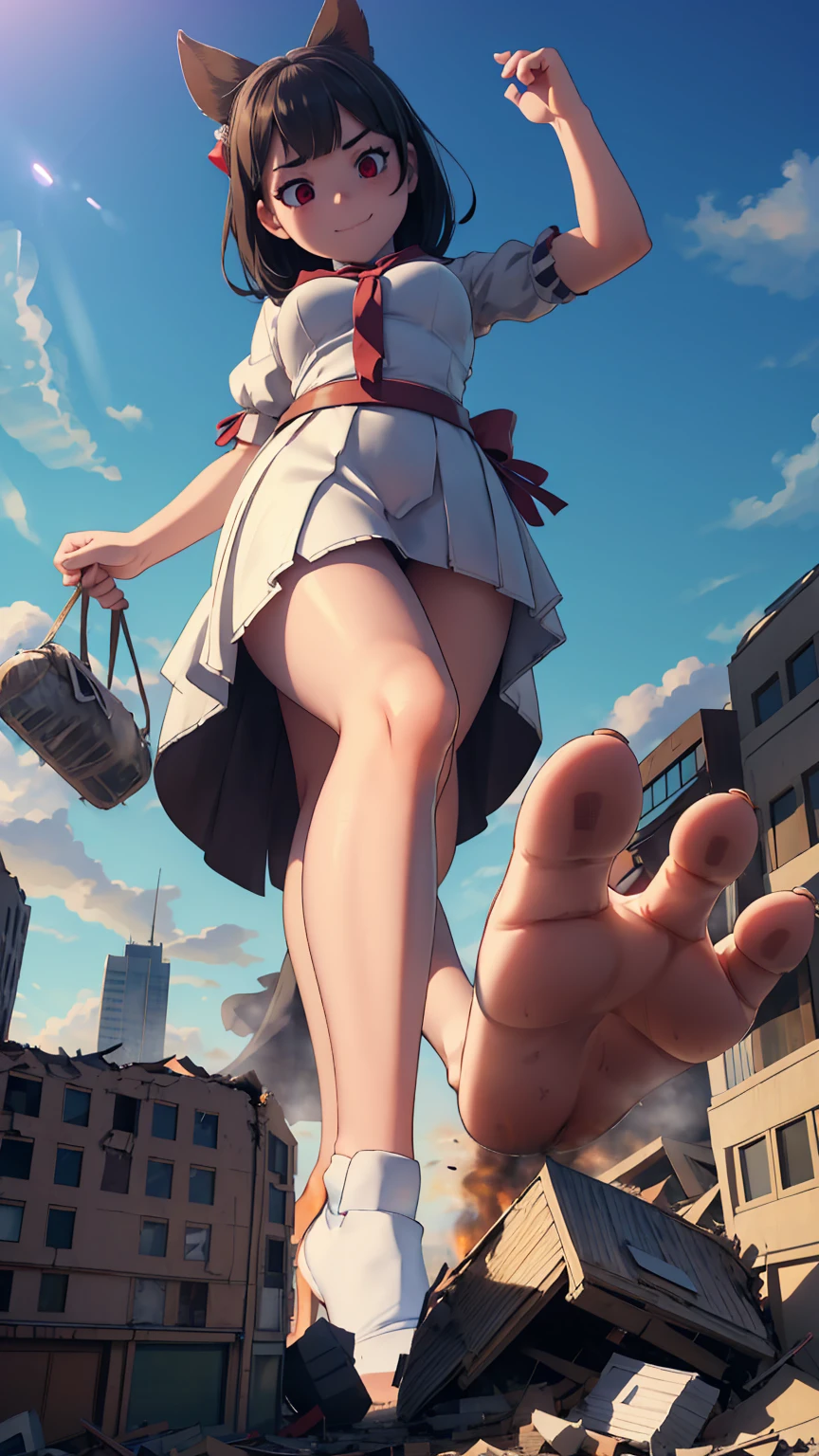 （Giantess Elements、High resolution、High resolution、high quality、accurate body structure、Detailed body）Towering Giant Girl, 50,000 feet high、Looking up at the approaching woman from below、Giants attack the city、Cute Woman、Destroy a small town淫乱な女性、Destroy a small town、Mischievous look、Swing your legs up、high school girl、White shirt、Check skirt、ribbon、Glowing Skin、Giantess、smile、Trampling buildings、rubble、Burning Small Town、Destroyed small building、Spooky sky、hell、Collapsed highway、Cars are crushed、Residents evacuated、sunset、Burning Small Town、go ahead、walk、Looming、Trampling、Anatomically correct、Accurate human body、Accurate skeleton、Full body portrait、Bob Hair、Black Hair、Red eyes、足元に散らばるrubble、Higher than skyscrapers、Big impact、amazing、Giantess Elements、Draw a woman in a big way、Increase the destructive element、Making cities smaller