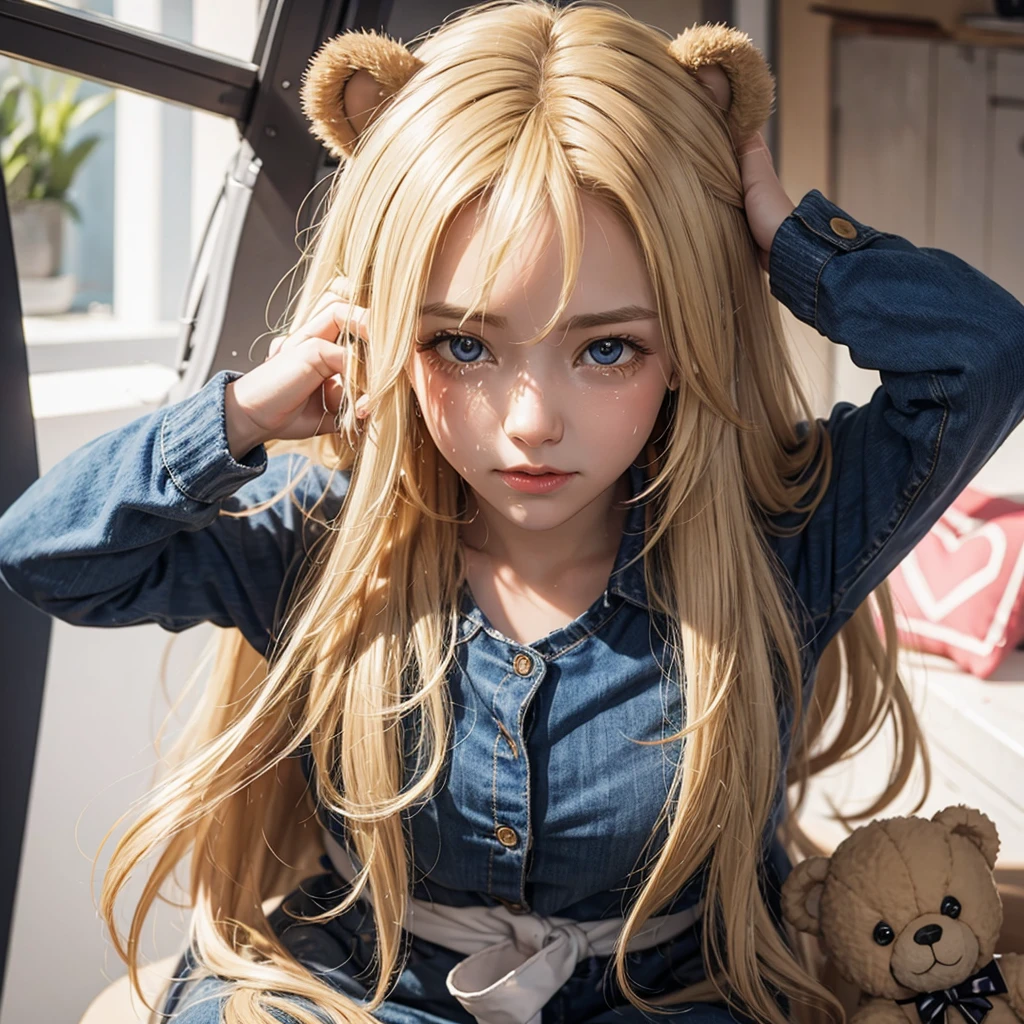 Crying blonde , because teddy bear is broken