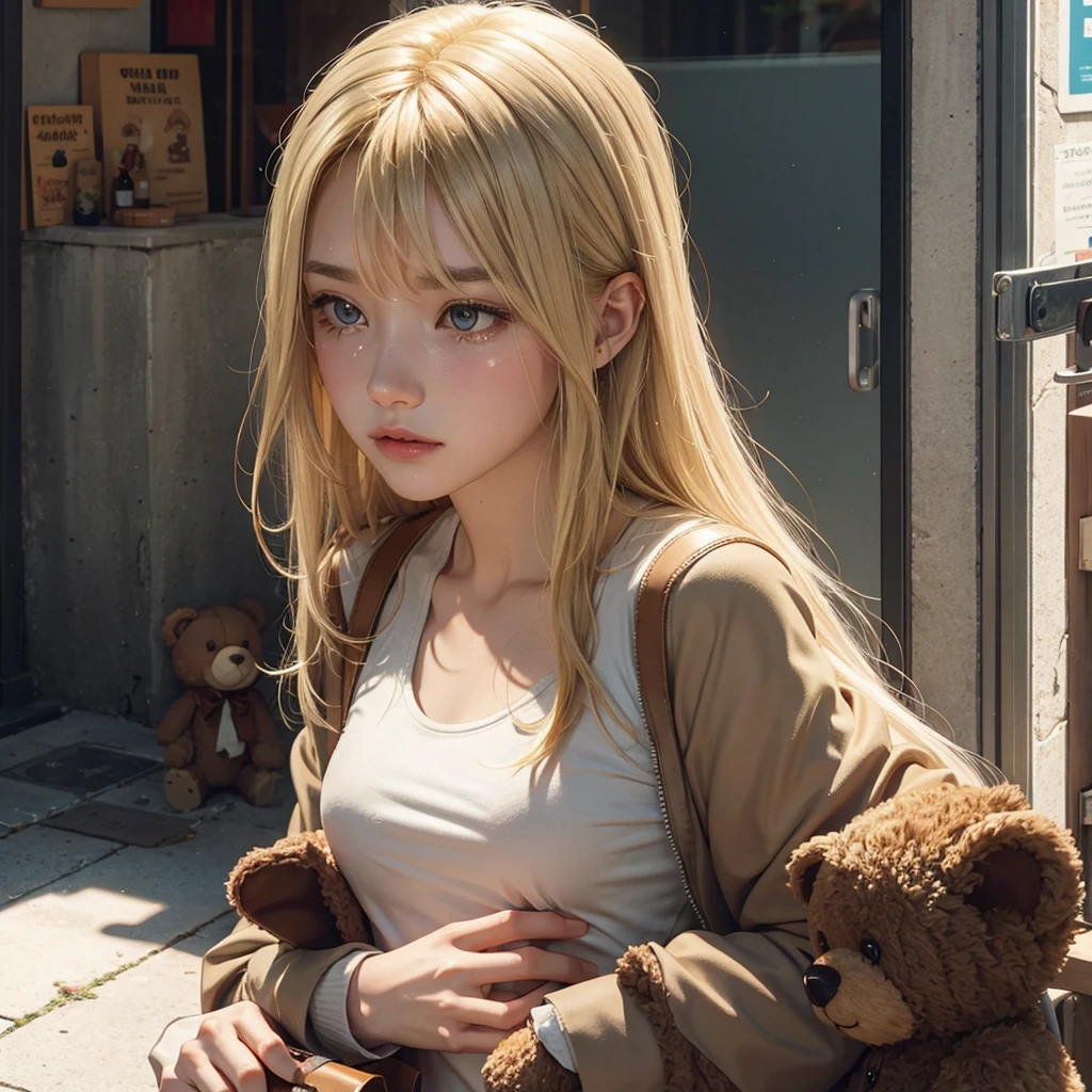 Crying blonde , because teddy bear is broken